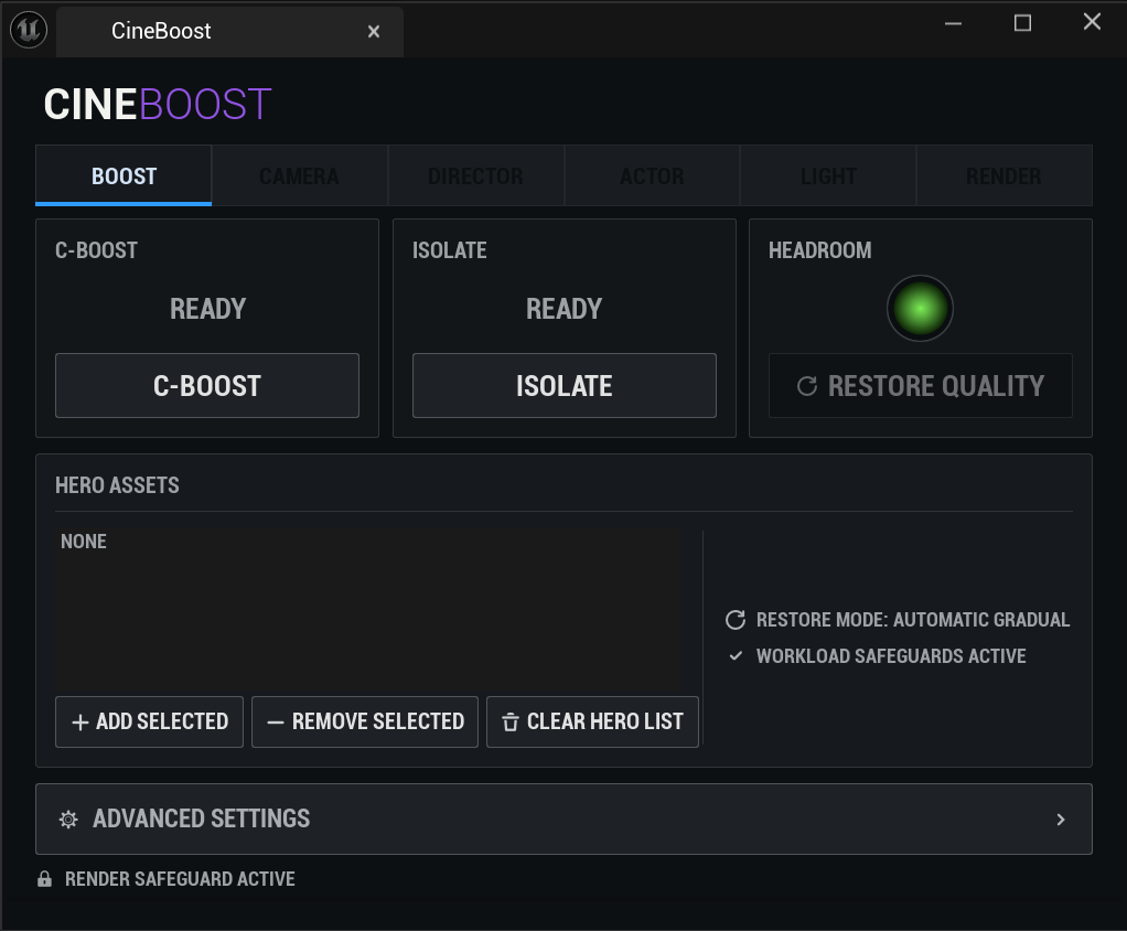 CineBoost panel in its ready state, showing C-Boost, Isolate, Headroom, Hero Assets and Advanced Settings.